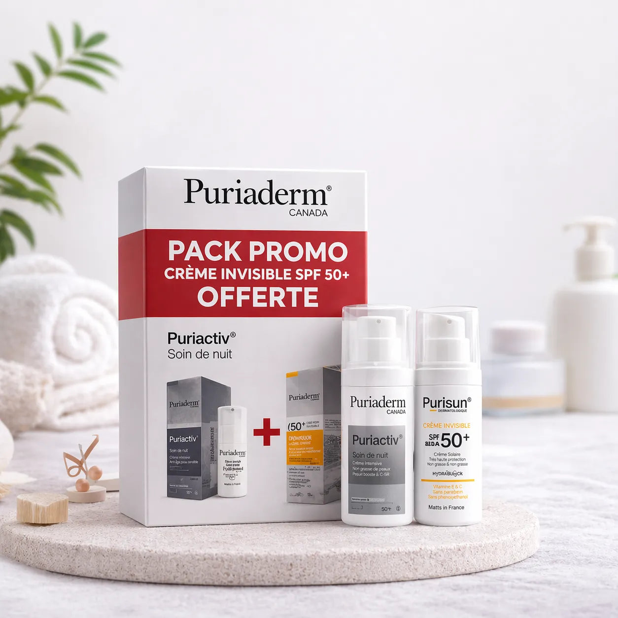 Puriaderm Offre Puriactiv Soin Nuit + Purisun Écran Invisible SPF50+